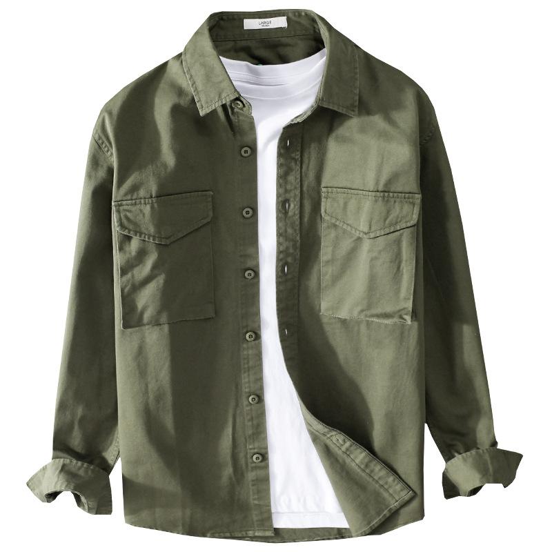 Весенне-летняя рубашка с длинным рукавом для мужчин в корейском стиле, рабочая одежда, мужская верхняя одежда в уличном стиле, приталенная рубашка с двумя карманами, зеленая хлопковая рубашка