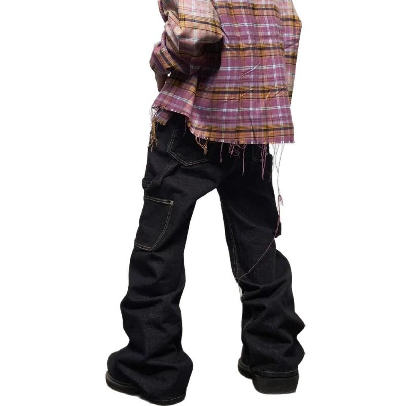 Vintage Washed Distressed Lumberjack Style Denim Pants Men Women Wide Leg Loose Fit Straight Cut