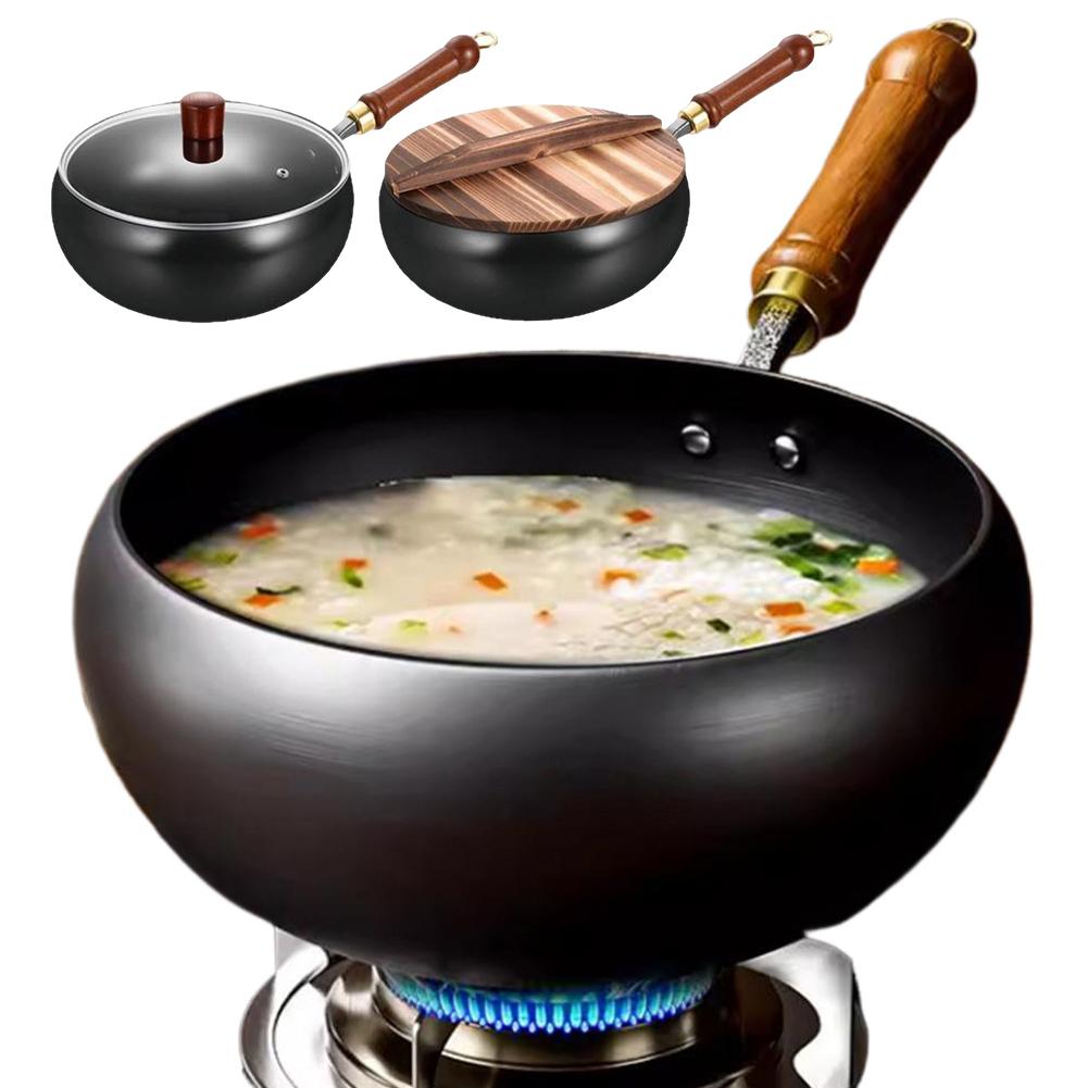 24CM Nonstick Wok Wooden Handle Non-Stick Pan with Lid Iron Wok for Home Camping Restaurant Hotel Kitchen