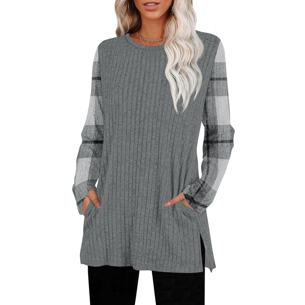 Women's Striped Printed Round-neck Long-sleeved Top With Pockets And Side Slits