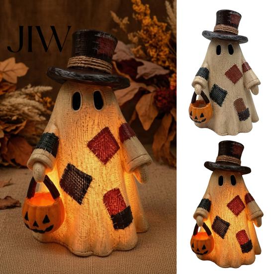Harvest Festival Entryway Displays Lighted Patchwork Ghost Resin Figurine with Pumpkin Lantern, Rustic Farmhouse Style Halloween Whimsical Autumn Home