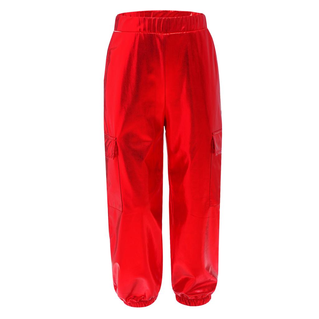 Unisex Kids Metallic Shiny Pants Elastic Waistband Design Hip Hop Jazz Dance Trousers
