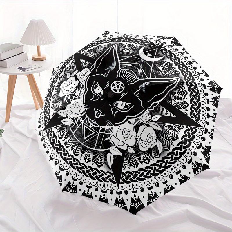Mandala, Black Cat themed Eight rib Automatic Folding Umbrella Is Suitable for Both Men and Women, Making It A Perfect Christmas and Valenti