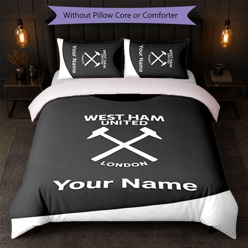 West Ham United FC Custom Name Text Bedding Set 1 Duvet Cover+2 Pillowcases Soccer Logo Personalized Gift For Special Occasion Bedroom Decor