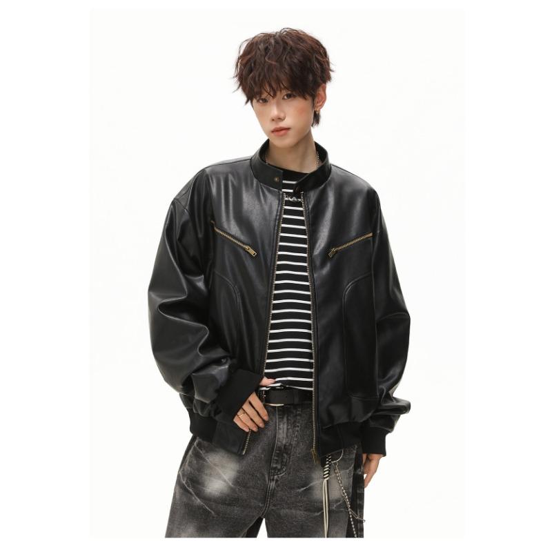 Men Vintage Loose Stand Collar Windproof Motorcycle Jacket Autumn