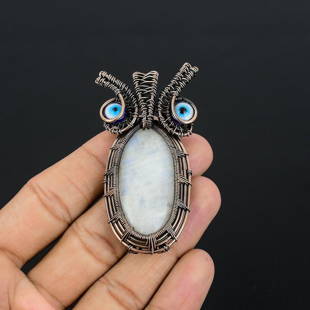 Rainbow Moonstone & Blue Evil Eye Pendant Gemstone Jewelry, 999 Copper Wire Wrapped Pendant, Handmade Beautiful Jewelry Pendant