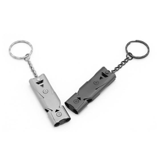 Уличный свисток для выживания с брелоком Двухтрубный 80-150 дБ Высокий децибел Свисток из нержавеющей стали