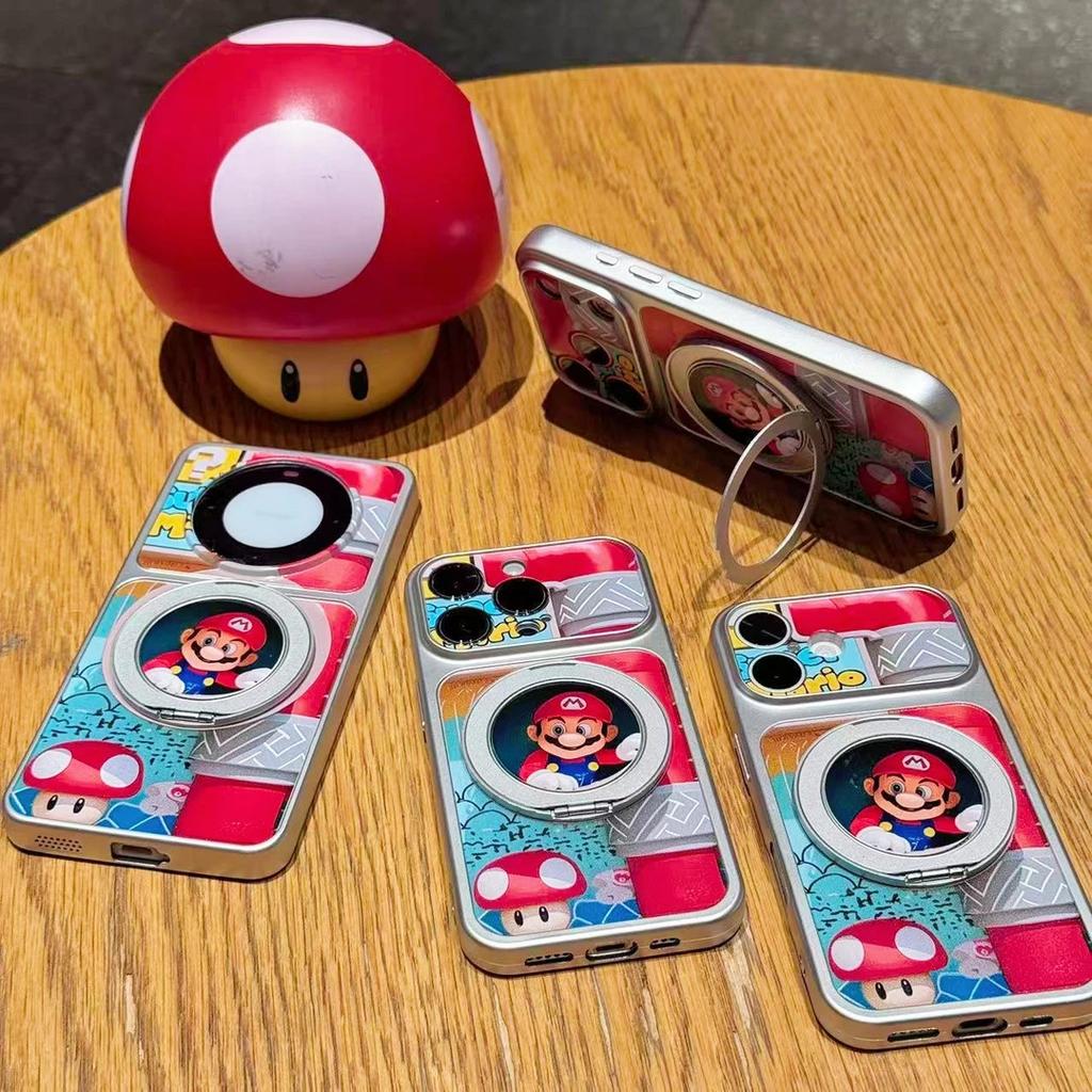 Японский вращающийся держатель Mario подходит для iPhone17 гальванизированный чехол для мобильного телефона Apple 16 большое окно 15 мультяшный 14
