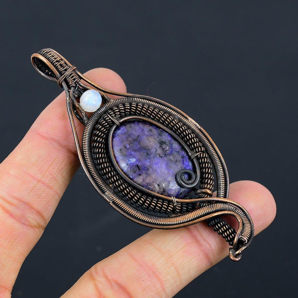 Russian Charoite, Moonstone Gemstone Pure Copper Wire Wrapped Designer Handmade Pendant Jewelry For Gift