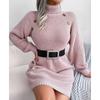 Elegant Pretty Womens Dresses Winter Turtleneck Long Sleeve Sweater Dress Button Warm Party Dresses Autumn Fashion Casual Knitwear Dress 29886