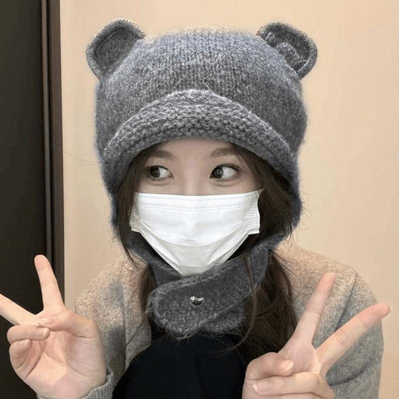 Женская зимняя японская симпатичная вязаная шапка-бомбер с ушками, круглая шапка с медвежьими ушками, защитные шапочки-бини