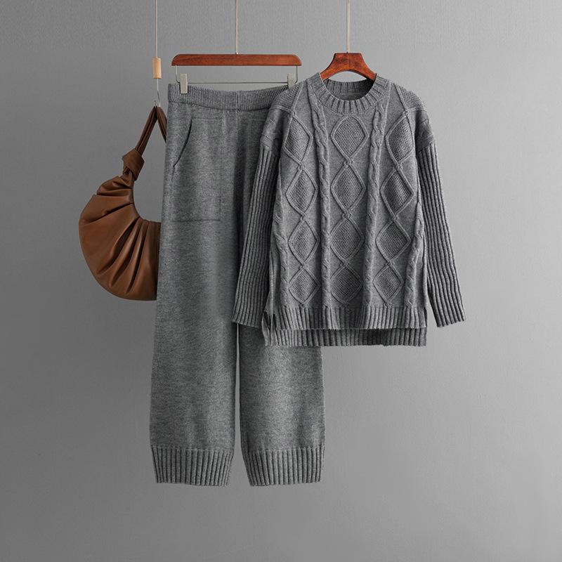 Осень-зима, свободный пуловер с высоким воротником, костюм-свитер, женский однотонный вязаный широкий брюки с длинными рукавами, комплект из двух предметов