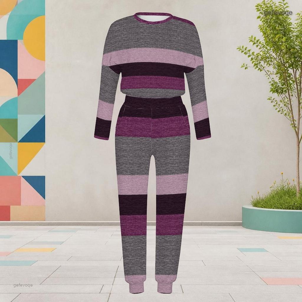 Women Plus Size Geometric Printed Two Piece Set Round Neck Long Sleeve Cuffed Top And Pants With Pockets