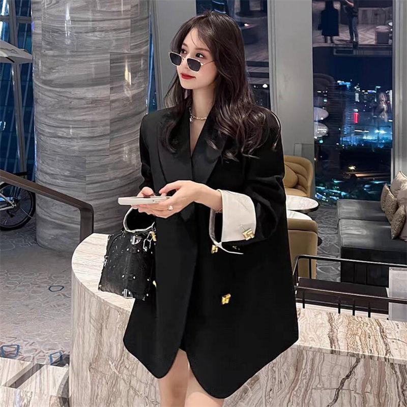 Sophisticated and Chic: Black Spring/Autumn Loose Fit Suit Jacket with Casual Elegance and Style