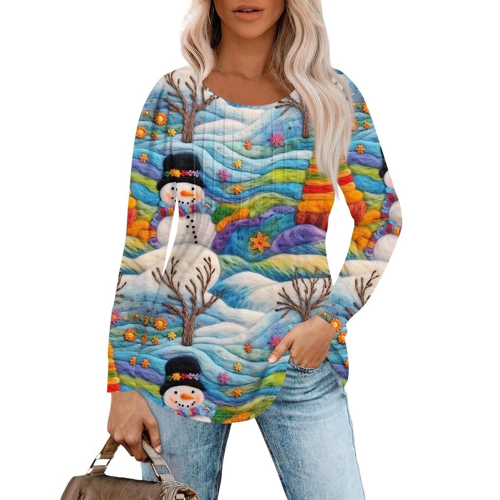 Women's Casual Top Christmas Printed Round Neck Long Sleeved Pleated T-shirt