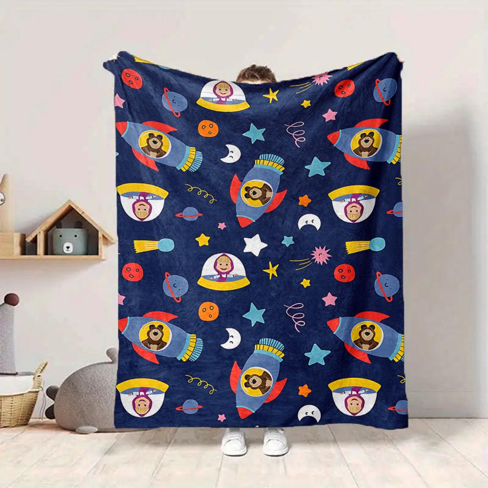1Pc Space Adventure Bears Blanket Soft And Comfortable Casual Warm Camping Travel Christmas Halloween Xmas Gift M929432