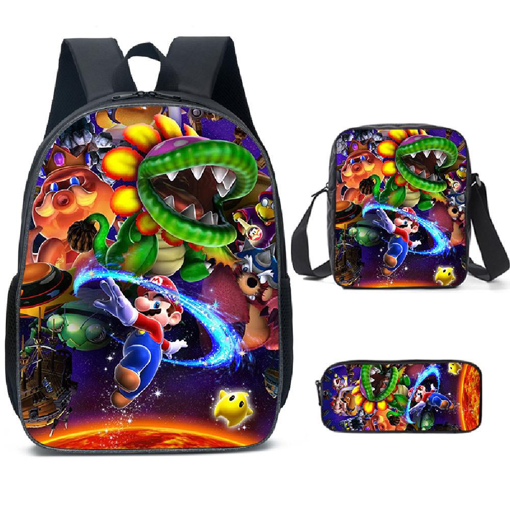 Mario Cartoon Backpack Set 3-in-1 Student Laptop Backpack Shoulder Bag Pencil Case Kids School Bag