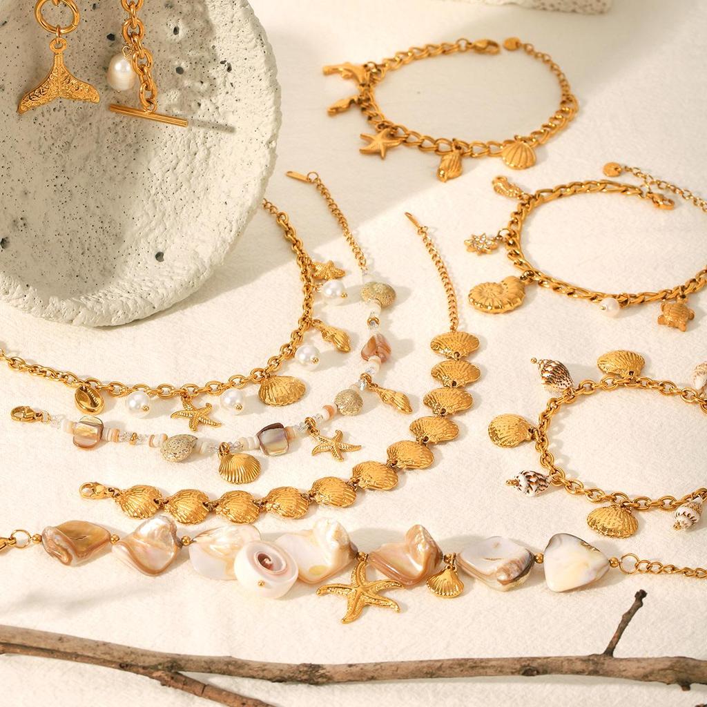 Luxury European & American Ocean-Inspired Stainless Steel Bracelet with Starfish & Seashell Design for Women – Non-Fading Titanium Jewelry