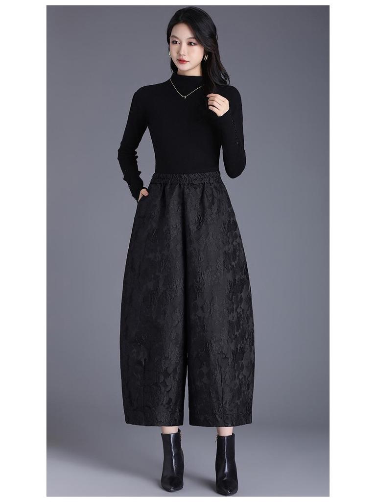 Women's Fleece-Lined Embossed Jacquard Wide-Leg Cropped Tulip Pants - Plus Size, Autumn/Winter, Casual Bootcut, High Quality