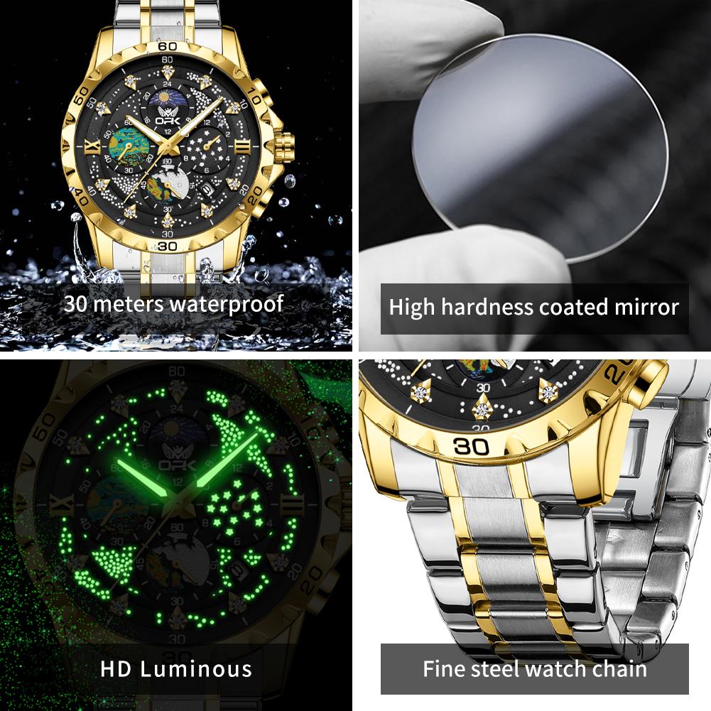 OPK 8175 multifunctional timing steel strip men's quartz watch