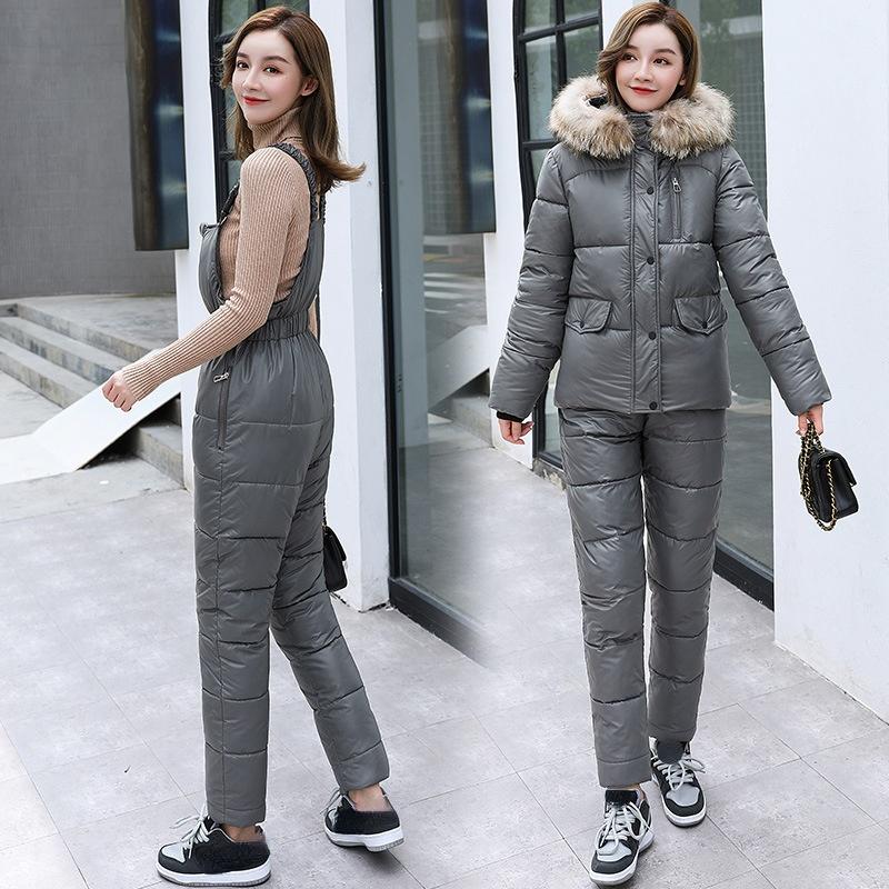 Женское зимнее короткое глянцевое ветрозащитное водонепроницаемое пальто с капюшоном, костюм из двух предметов, куртка-пуховик, парки с хлопковой подкладкой, теплая верхняя одежда