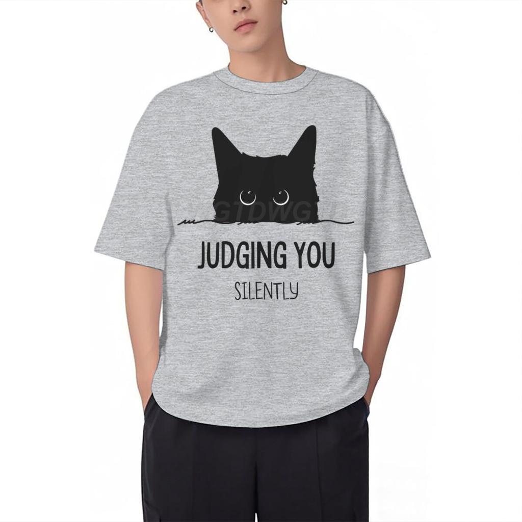 Judging You Silently Print T Shirt Men Women Sarcastic Humor Streetwear Short Sleeve Harajuku Cat Tee Male 100 Cotton Fun Shirt