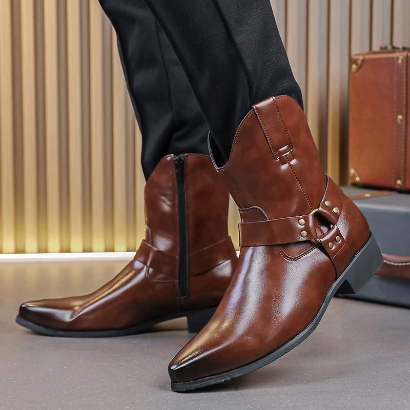 Модная мужская черная коричневая остроносая панк мотоциклетная повседневная обувь до щиколотки мужская зимняя обувь с высоким верхом новая удобная кожаная обувь челси