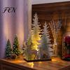 Holiday Table Decoration Wooden Christmas Tree Decor with LED Light, Rustic Standing Sign Tabletop Reindeer Santa Claus for Tiered Tray, Home