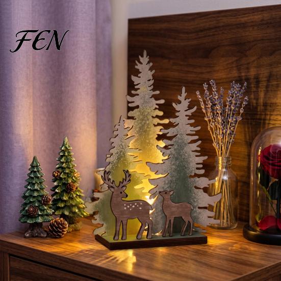 Holiday Table Decoration Wooden Christmas Tree Decor with LED Light, Rustic Standing Sign Tabletop Reindeer Santa Claus for Tiered Tray, Home