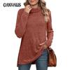 Spring and Autumn Women's Blouse High Neck Bib Side Split Solid Color Long Sleeve Top
