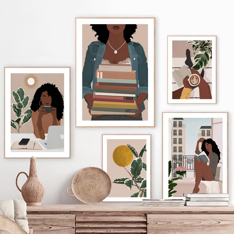 Solid Wood Frame Abstract Black Girl Reading Book Coffee Moon Art Canvas Painting Nordic Posters And Prints Wall Pictures For Living Room Decor