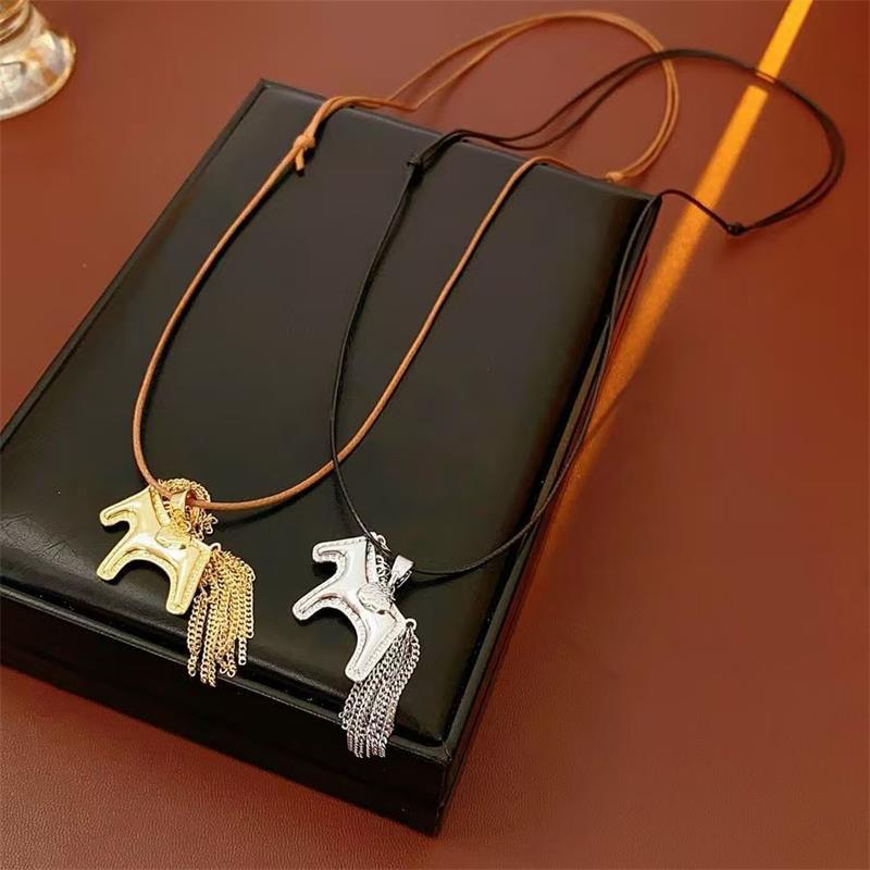 Titanium Steel Horse Pony Tassel Pendant Necklaces Women Mujer Adjusting Long Rope Sweater Chain Neck Accessories Gifts