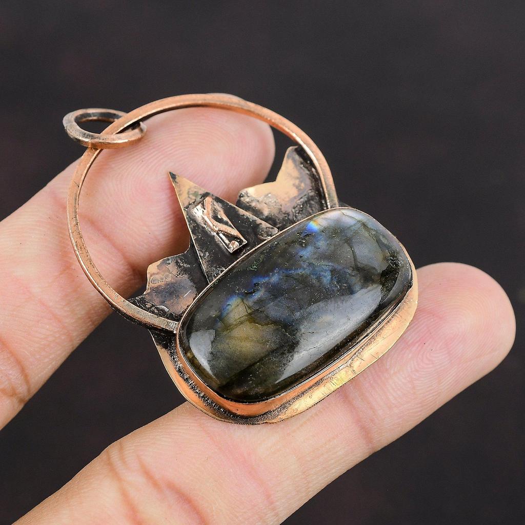 Подвеска из лабрадорита и меди, оригинальный кулон из драгоценного камня, подвески ручной работы, оксидированная медь, ювелирный дизайнерский кулон для подарка, кулон с камнем по рождению