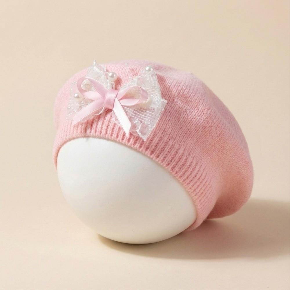 Lace Bow Decor Knitted Beret Soft Fabric Kid Headwear New Toddler Winter Hat For Toddler Girls