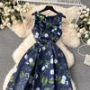 Summer Fashion Flower Vest Midi Dress Women's Sleeveless O-Neck Tank Floral Print Slim A Line Ball GownWomen Dresses