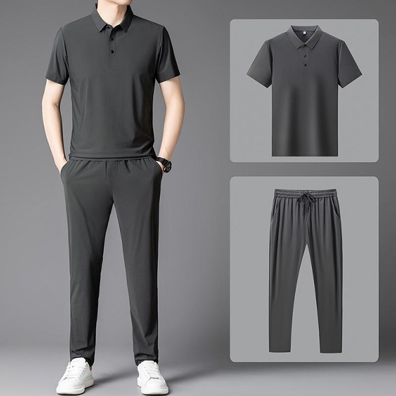 Мужской летний комплект из ледяного шелка: поло и брюки/шорты - Стиль Business Casual, две части