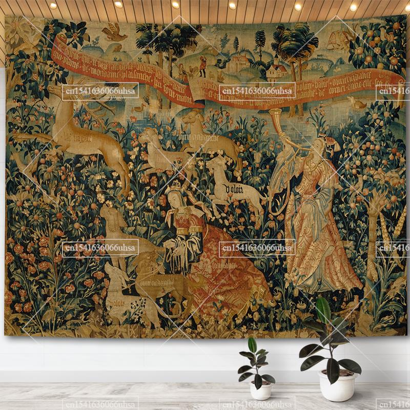 Medieval Unicorn Tapestry Wall Hanging For Home Decor Paintings Retro Hippie Tapestries Aesthetic Background Yoga Meditation