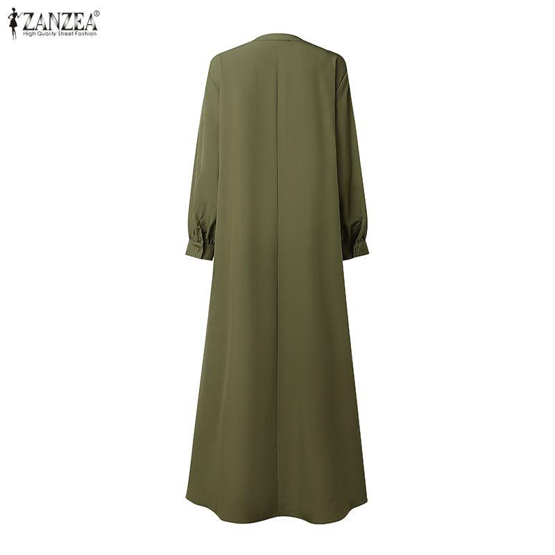 ZANZEA Women Casual Round Neck Solid Color Long Sleeve Long Dress