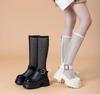 Модные 10 см Ботинки-чулки из лакированной кожи и сетки, Летние мотоциклетные сандалии с полым голенищем до колена, Женская модная повседневная обувь