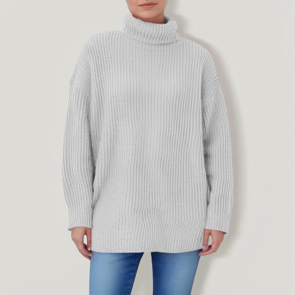 Women's Solid Color High Neck Long Sleeved Knitted Sweater Top Loose Sweater