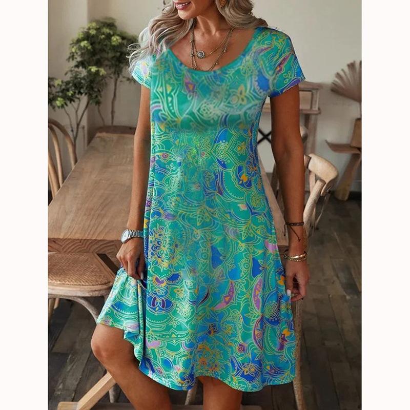 Summer Floral Printing Pocket Dress Summer Short Sleeve Slim Shirt Big Hem Short Skirt