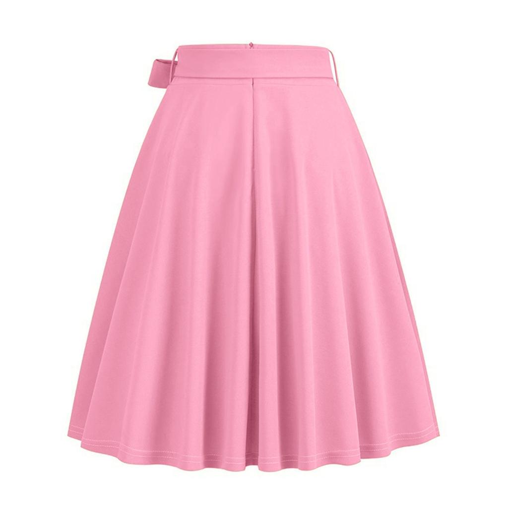 Women's Fashionable All-match Solid Color Skirt With Natural Color Belt Waist And Wide Swing Skirt