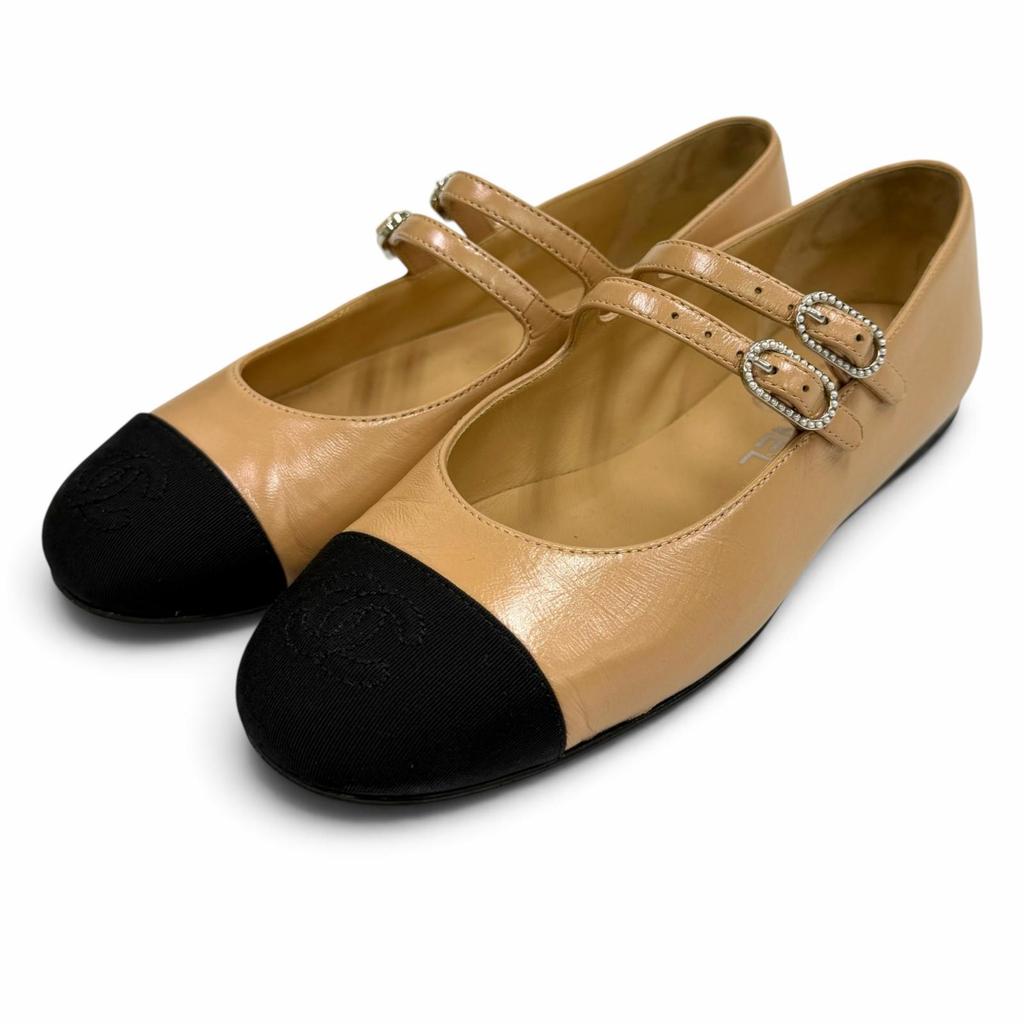 Great CHANEL pumps COCO Mark Mary Jane Leather Flats beige leather 35.5 G45697 Used