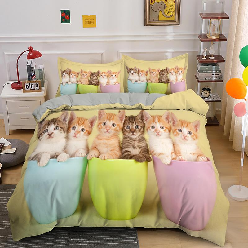 3D Cat Duvet Cover Set Twin Queen King Size Cute Animal Luxury Polyester Bedding Set For Kids Girls Adults Gift With PillowCase