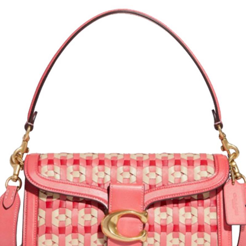 Coach Tabby 26 C Logo Buckle Flap Color Block Woven Leather Shoulder Clutch Crossbody Bag Medium Women Bags Bright-Coral CB847-B4P48