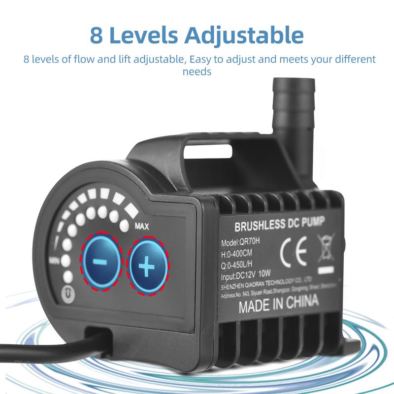 Submersible 12V Water Pump 8 Levels Adjustable 0-700L/H Fountain Pump with 0-9.8ft Lift, DC Female Plug and Suction Cup Base