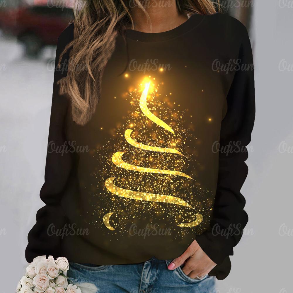Женская футболка с принтом «Рождественская елка», праздничная одежда для женщин, осенние свободные топы с круглым вырезом и длинными рукавами, женский пуловер в стиле Харадзюку