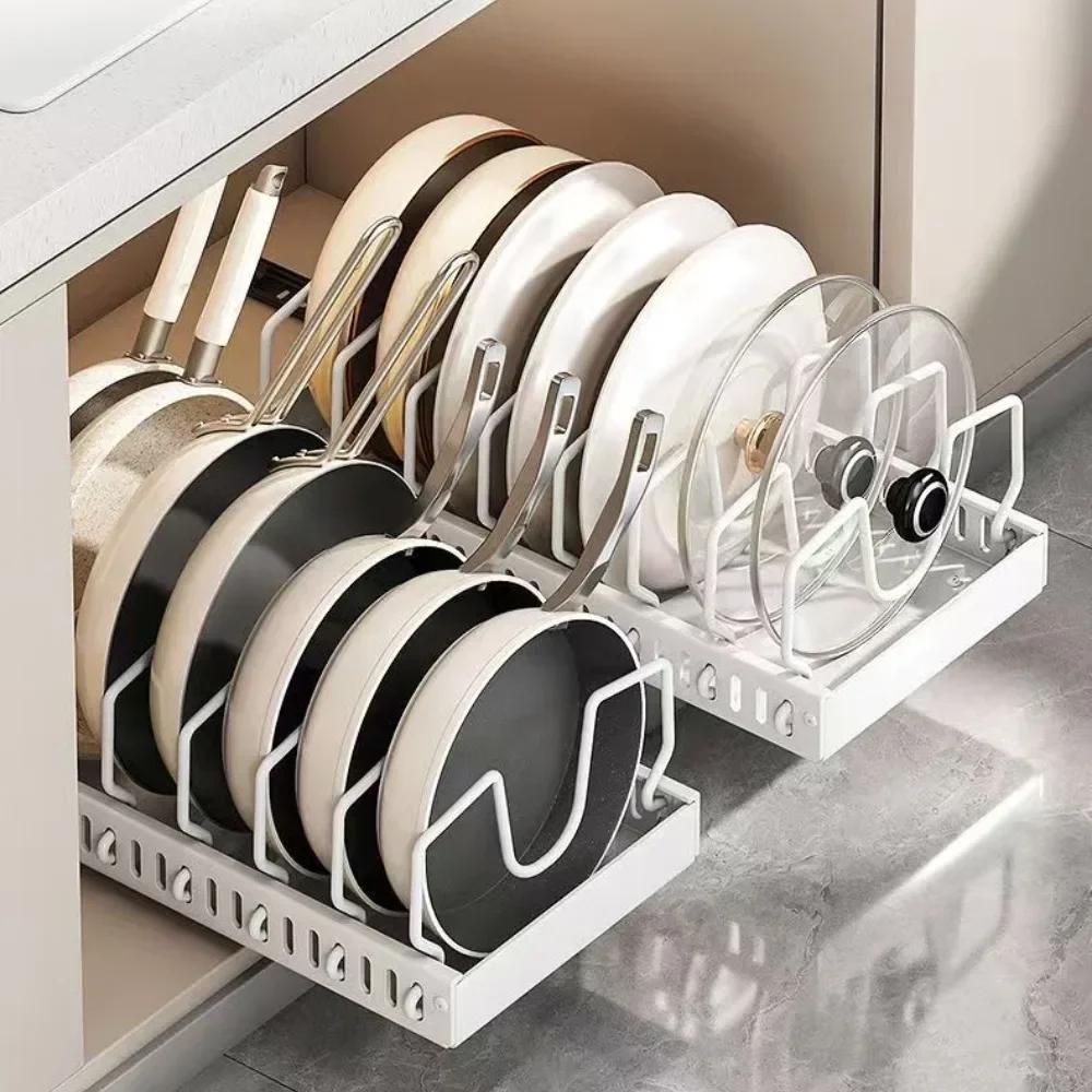 Kitchen Pull-Out Pot Rack with Slide Rails Organizer Tray Adjustable Large Capacity Metal Storage Racks Dishes Partition Shelf