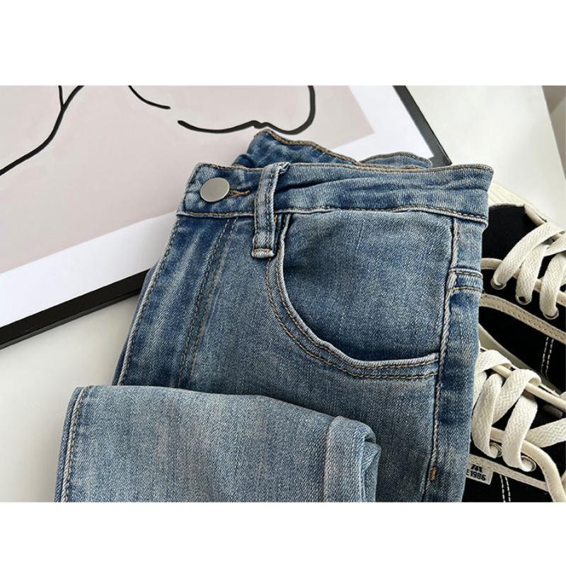 Retro Flared Jeans Women's American High-waist Stretch Slim Straight-leg Raw-edge Denim Pants Women