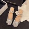 Baotou Half Slippers Women's Summer Wear Silver Rhinestone Sandals 3 Cm Small Heel Thick Heel Square Head Muller French Sandals
